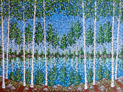 Spring Rainstorm by artist aaron kloss Spring Rainstorm acrylic painting by artist aaron kloss, spring birch painting, reflection, pointillism, painting of a minnesota lake