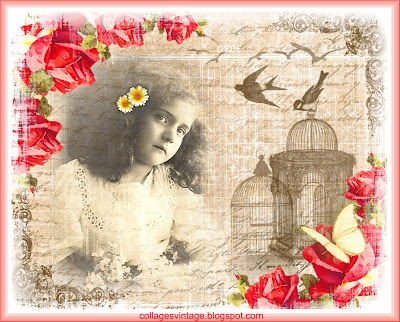 fondo vintage niña antigua con rosas pájaros y jaulas