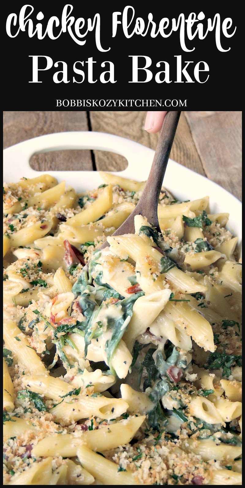 This hearty Chicken Florentine Pasta Bake takes your favorite comfort food to the next level and is done in 30 minutes from www.bobbiskozykitchen.com