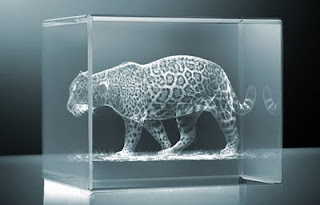 Cubo de vidro com um desenho de uma onça pintada feito dentro dele, no centro