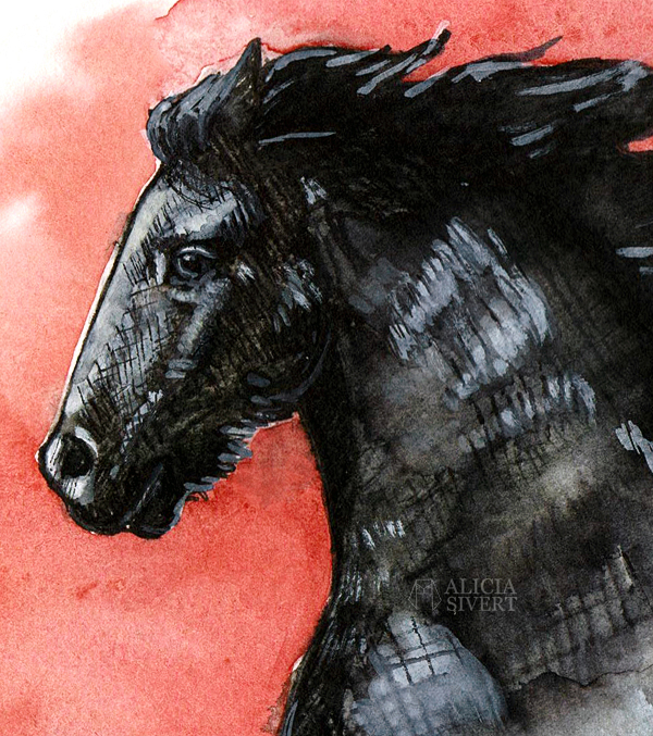 Friesian horse, water colour painting by Alicia Sivertsson, 2016.