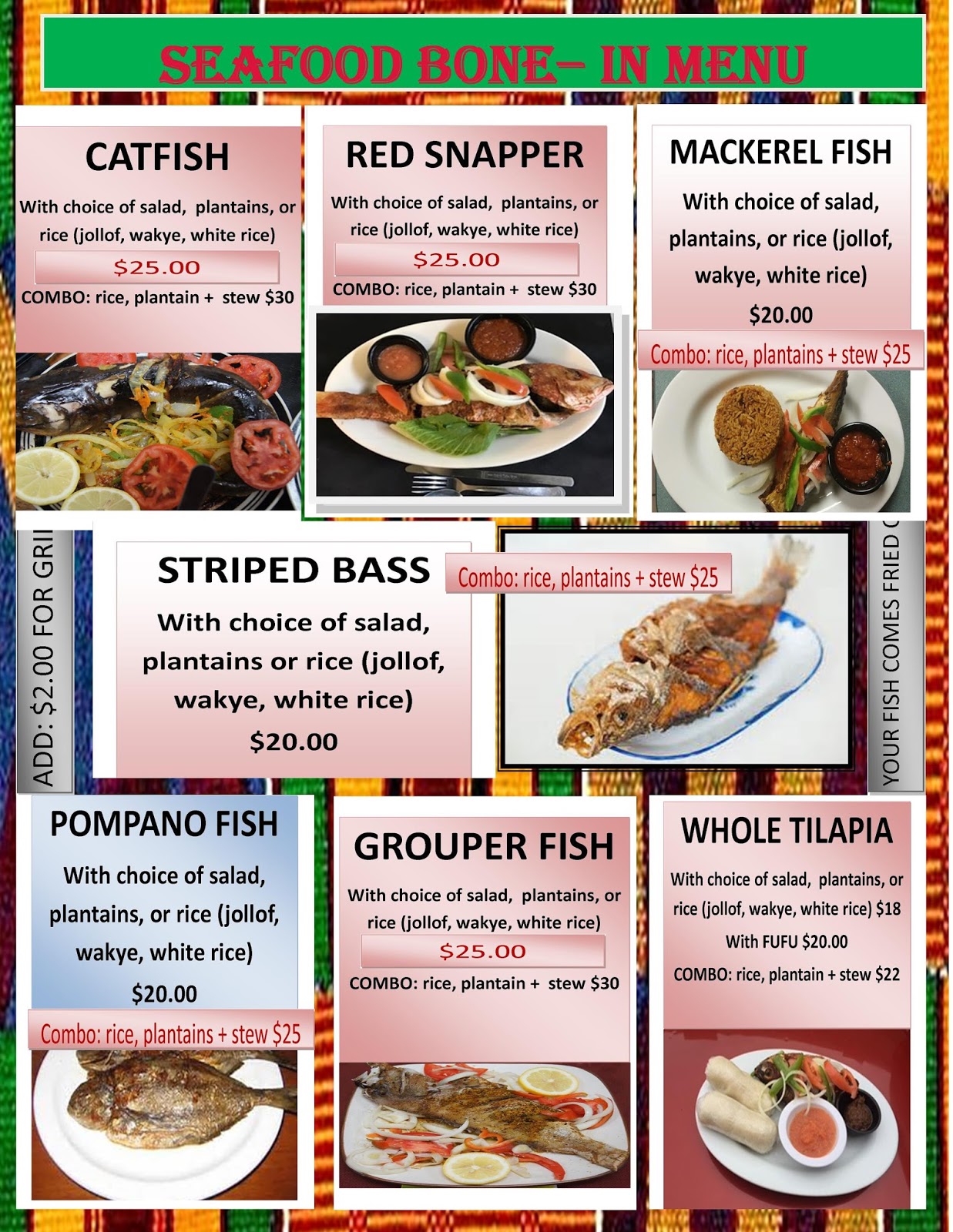 Owner african grill and bar menu 2017