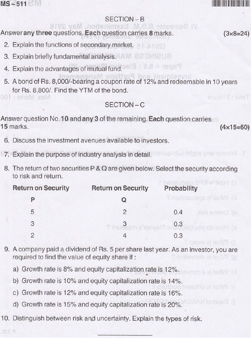 BU BBM Investment and Portfolio Management May 2016 Question Paper
