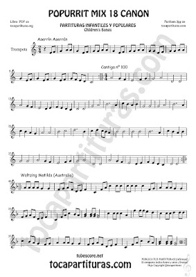 Partitura de Trompeta y Fliscorno Popurrí Mix 18 Aserrín Aserrán Infantil, Cantiga nº 100 y Waltzing Matilda Sheet Music for Trumpet and Flugelhorn Music Scores