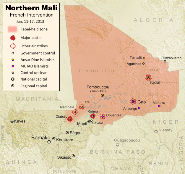 Map of fighting and territorial control in Mali during the January 2013 French intervention against the Islamist forces of Ansar Dine and MUJAO