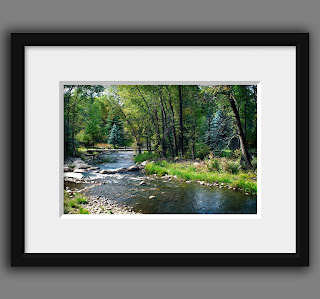 The beautiful Roaring Fork River meanders through a green woodland with a foot bridge crossing.