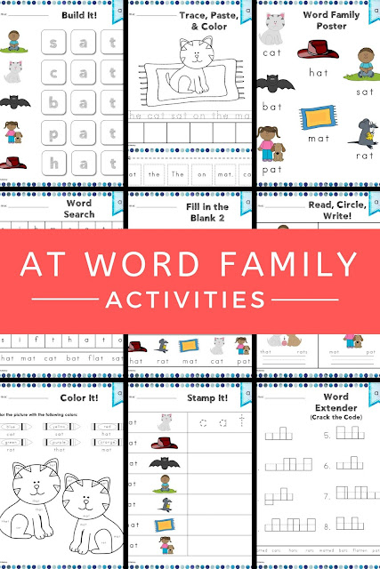 This at Word Family Word Work and Activities pack includes over 30 different student centered phonics activities, not just worksheets, that promote reading, tracing, writing, building, cutting, pasting, and creating words in the at word family with little to no prep work for you. #wordwork #phonics #atwordfamily #teacher