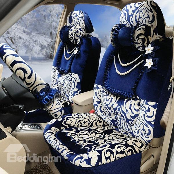 Lush Decor Blue and White Style Flowers Pattern Car Seat Cover