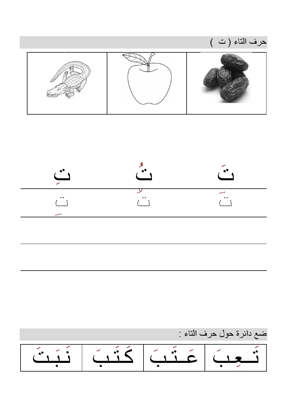 أوراق عمل لتعلم الحروف الهجائية(الألف والباء والتاء), الصف الأول, لغة  عربية, الفصل الثاني - ملفات الكويت التعليمية