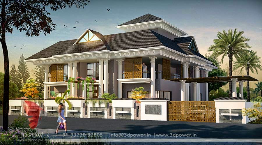 3D Exterior Elevation  Of  Roof  Pattern  Bungalow
