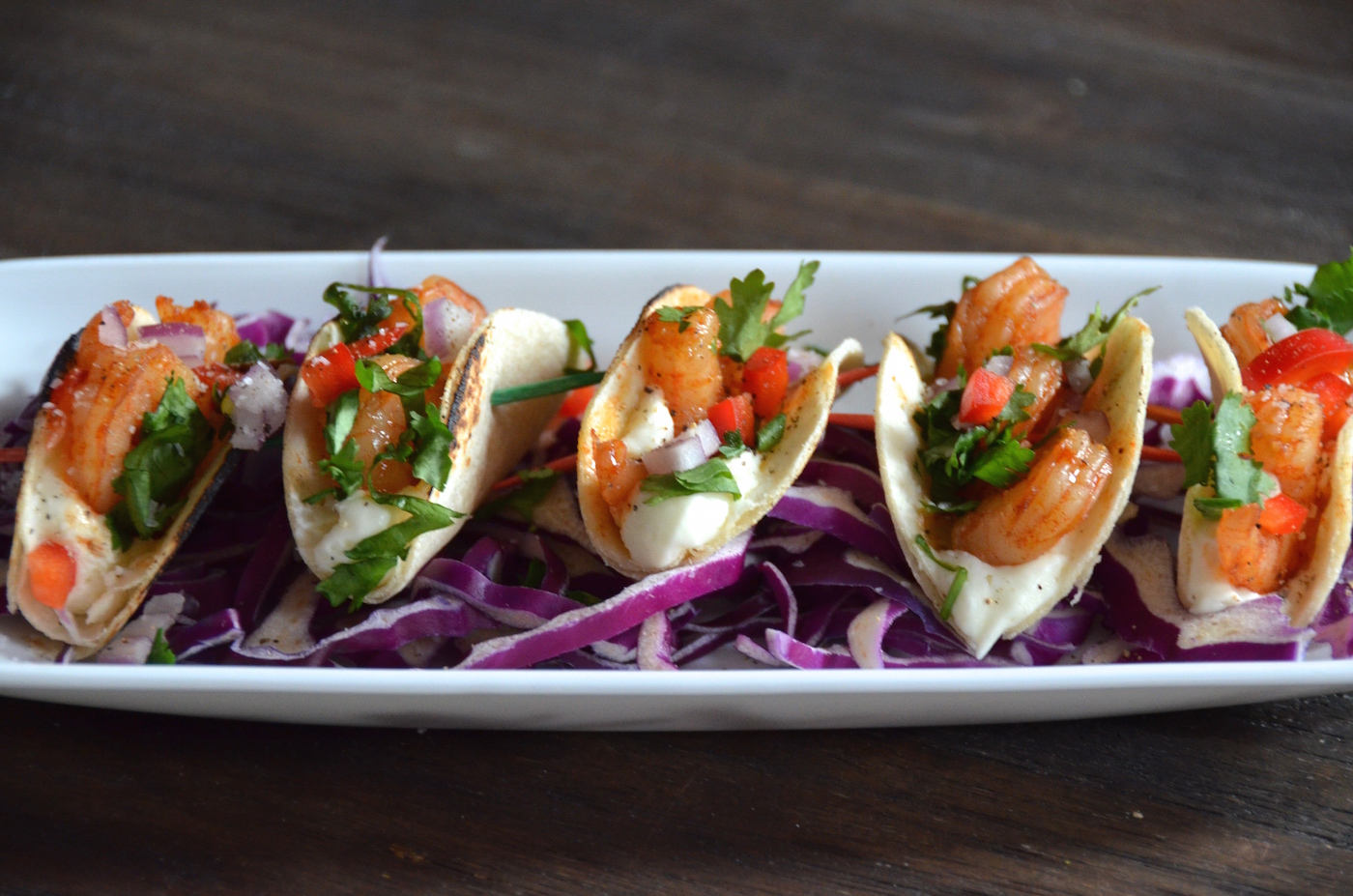 Mini Chipotle Shrimp Tacos with Cumin Sour Cream Always Order Dessert