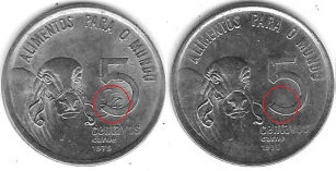 Diferença entre as moedas de 5 centavos de 1975. Diferença entre as moedas de 5 centavos de 1975.
