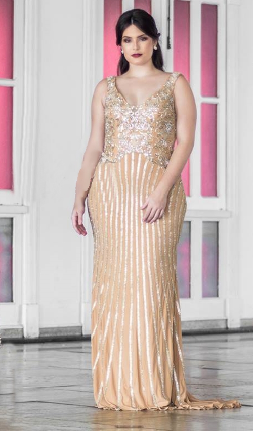 vestido dourado madrinha plus size