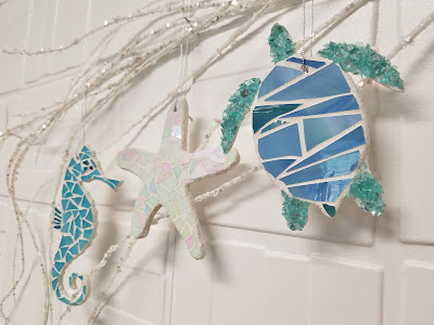 mosaic beach ornaments LucyDesignsart.com coastal beach stained glass mosaic ornaments