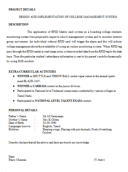Final Year Engineering Student Resume Format Popular Resume