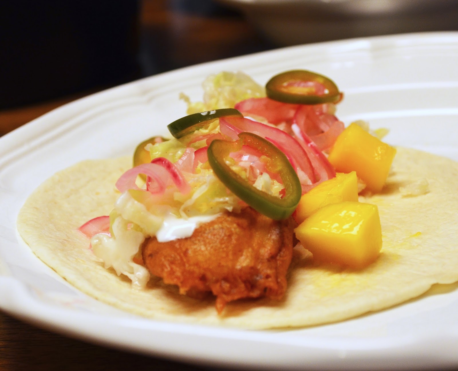 Our Beautiful Mess BeerBattered Fish Tacos with Mango, Pickled Onions