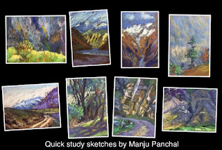 Thumbnail sketches of landscapes using soft pastels. By Manju Panchal