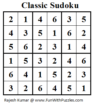 Classic Sudoku (Mini Sudoku Series #14) Solution