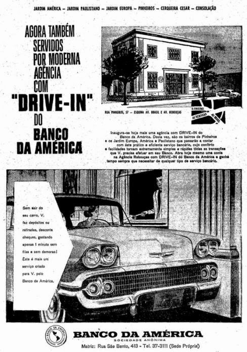 Anúncio de serviço de saque em dinheiro por drive in em 1960