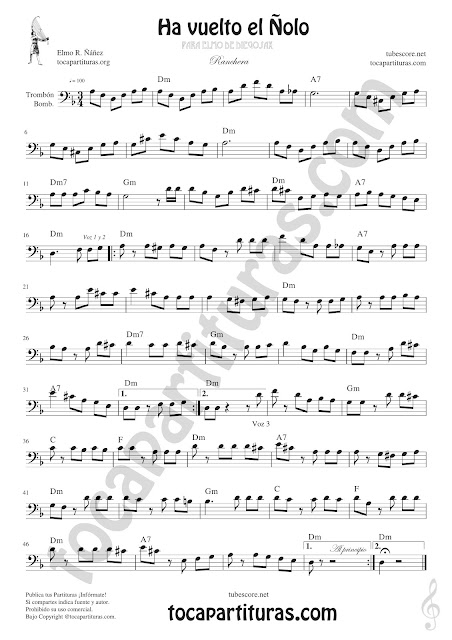  Trombón y Bombardino Partitura de Ha vuelto el Ñolo Sheet Music for Trombone Euphonium Music Scores (tuba en 8ª baja)