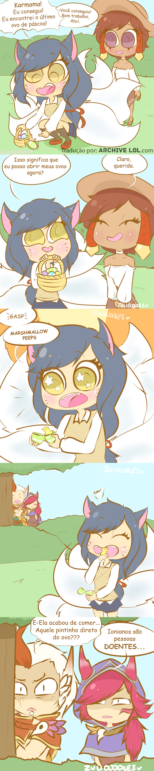 A caçada de páscoa da Ahri A caçada de páscoa da Ahri com karma xayah e rakan. tirinhas engraçadas de league of legends