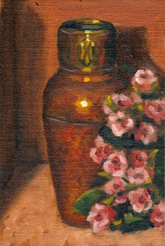 Oil painting of an Art Deco-style copper vase beside a plastic bunch of small pink flowers.