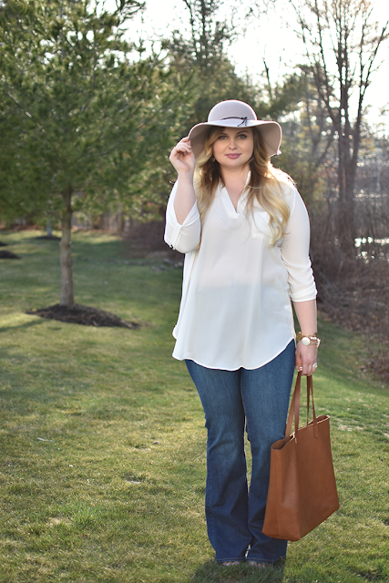 old navy flare denim bp from nordstrom hat lush tunic white madewell transport tote dolce vita booties in brown kendra scott elle earrings seventies look bell bottoms flare jeans spring trend bourbon and boweties alex and ani bracelets