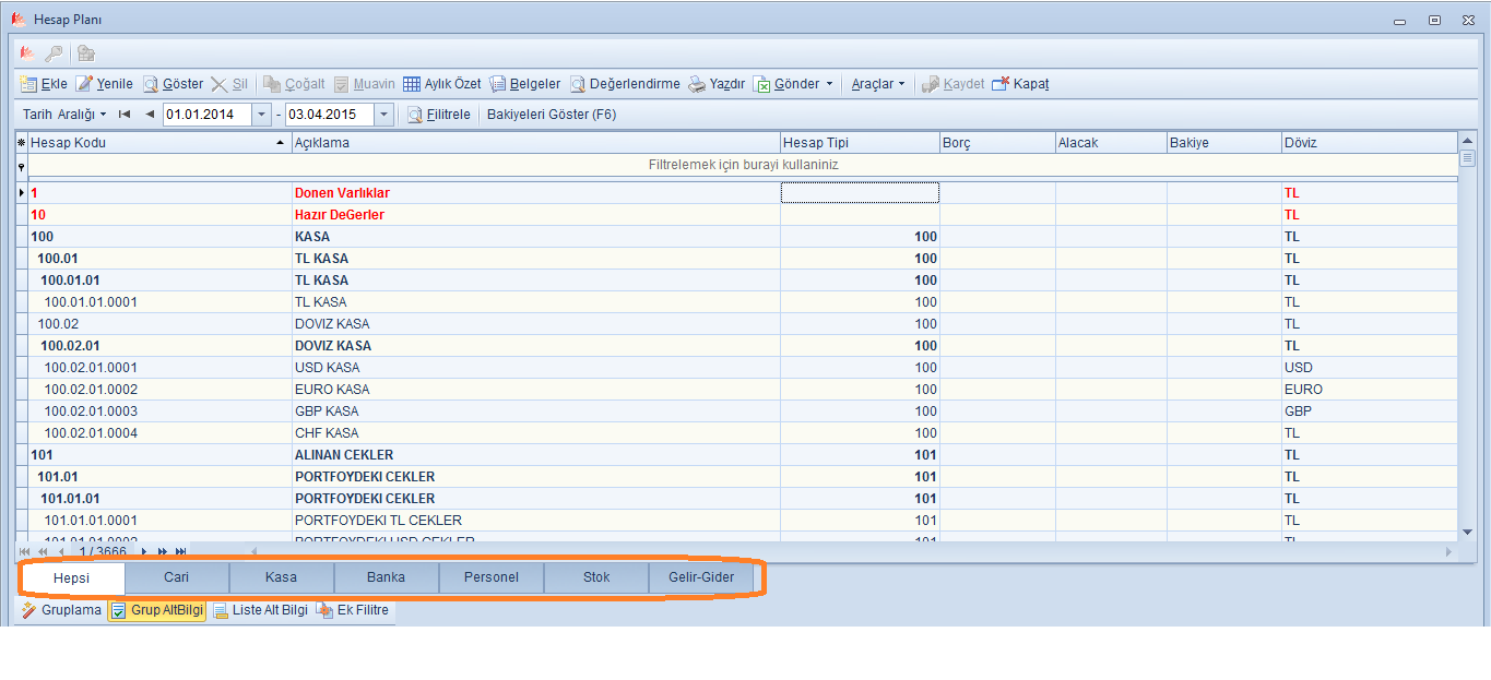 > Kasa, Cari, Banka ve Personel bilgileri muhasebe hesap kartlarının