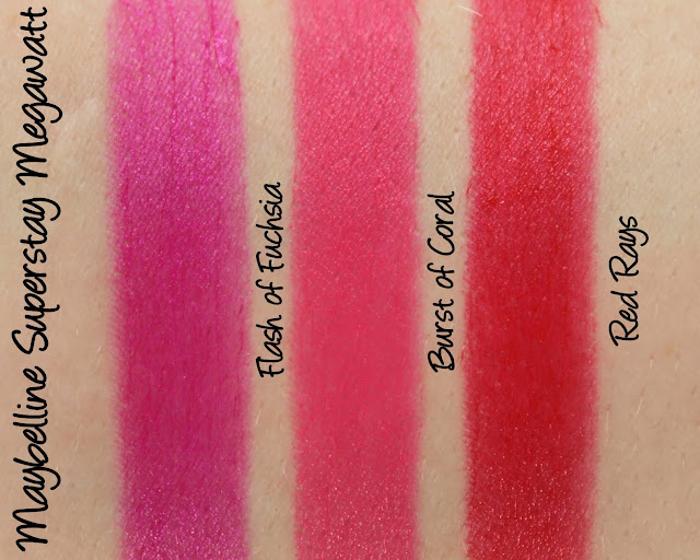 Maybelline Superstay Megawatt Lipstick - Flash of Fuchsia, Burst of Coral, Red Rays Swatches & Review