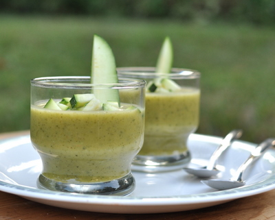 Chilled Zucchini Soup Shooters, another easy summer soup ♥ AVeggieVenture.com. Rave Reviews! Fresh & Seasonal. Quick to Make. Weight Watchers Friendly. Low Carb.