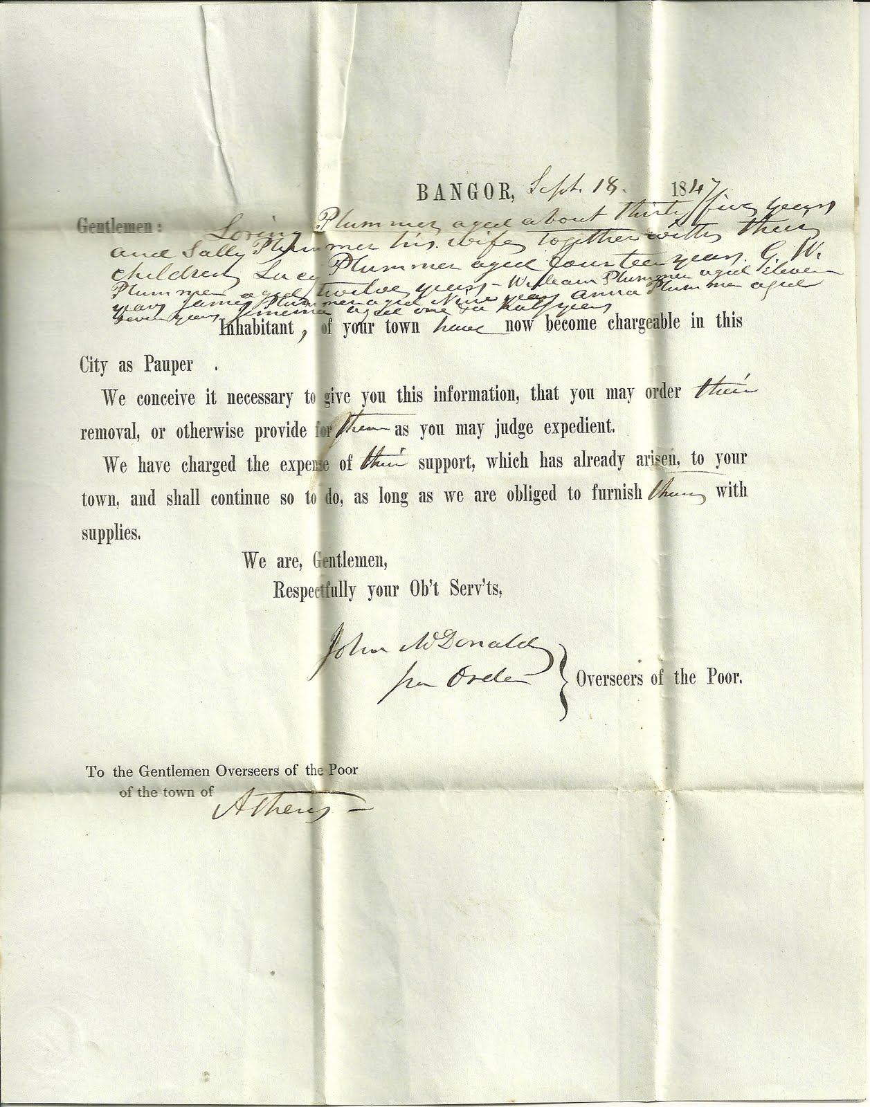 Heirlooms Reunited 1847 letter from City of Bangor, Maine to Town of