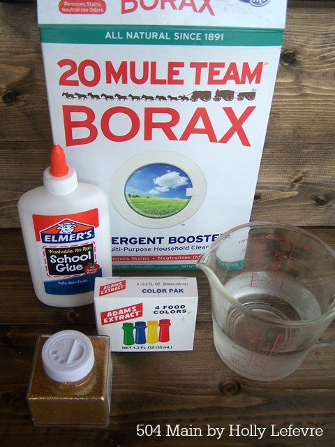 Borax, water, glue, and food coloring are all you need to make goo.
