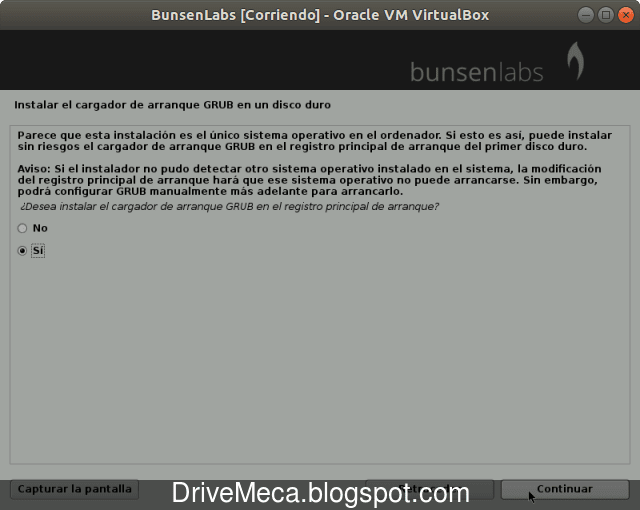 Aceptamos instalar GRUB en el MBR