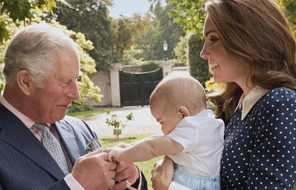 Kate Middleton wore Alessandra Rich Pleated polka-dot silk crepe de chine midi dress. Prince Louis of Cambridge. Prince Charles at 70