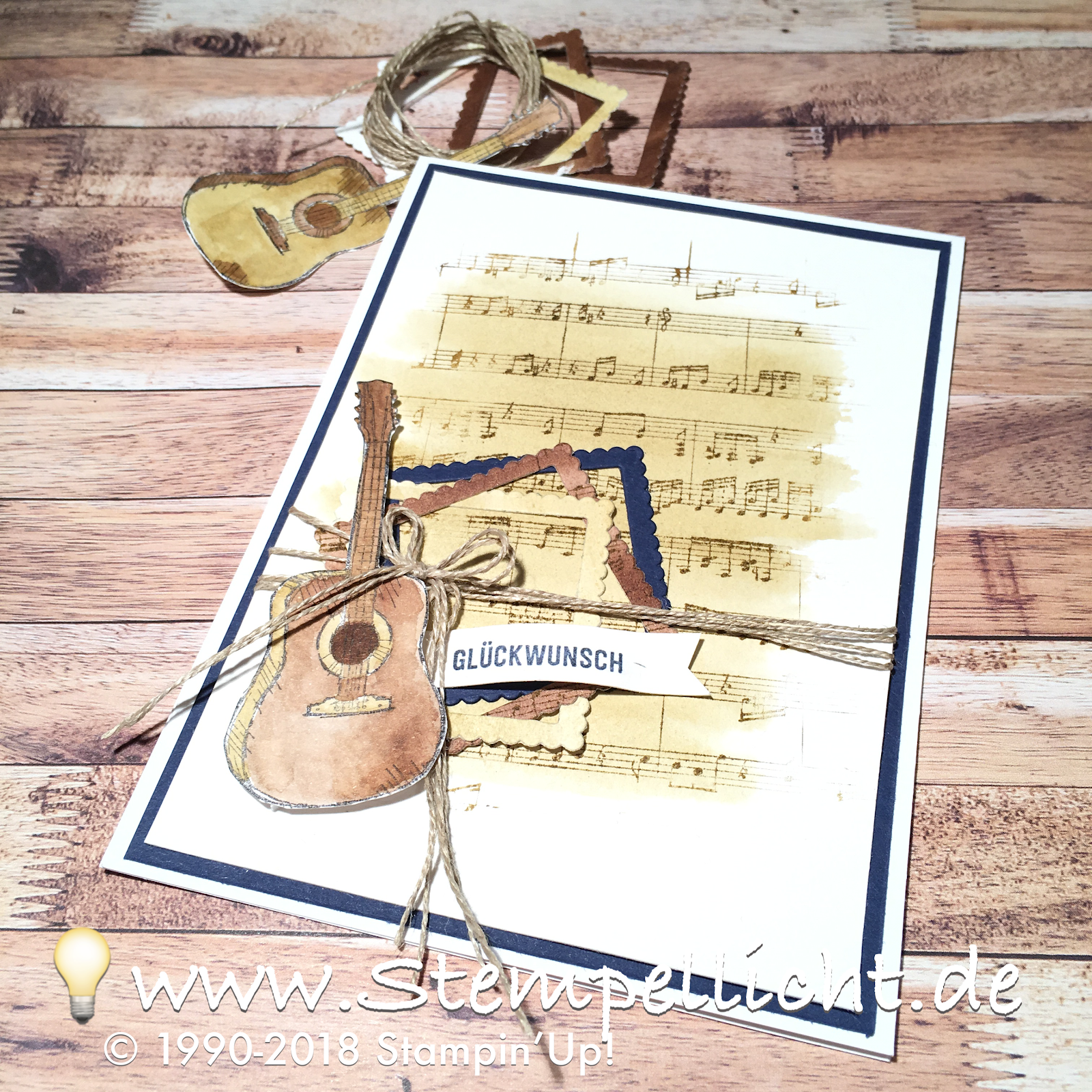 Stempellicht Glückwunschkarte mit Gitarre und Aquarell