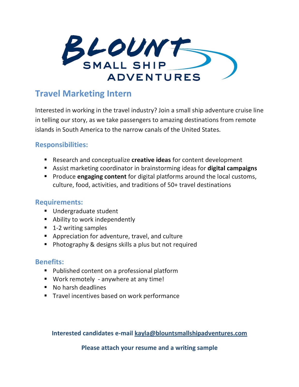 URI CBA Internship/Job Information Blount Small Ship Adventures