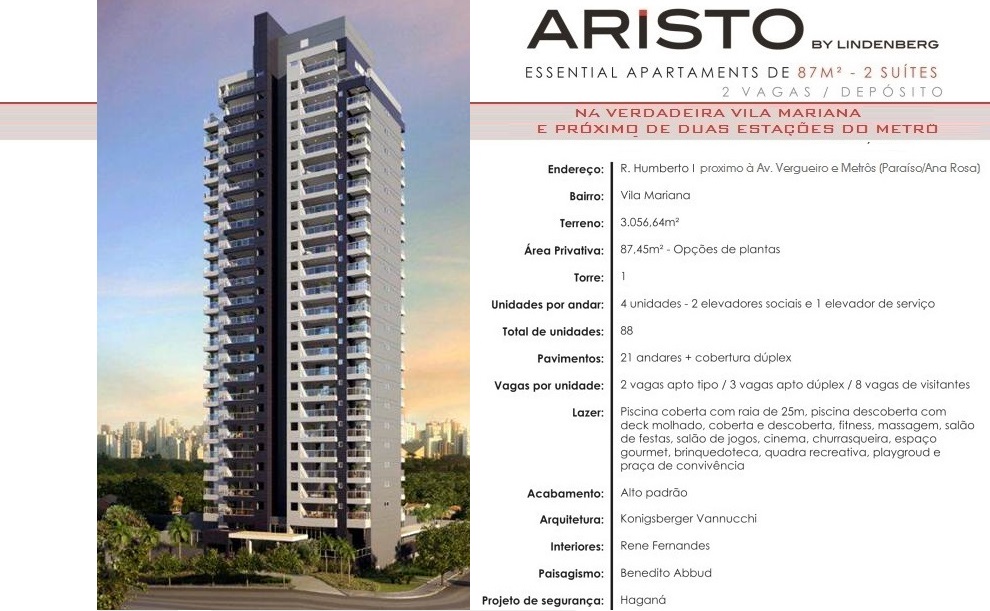 ARISTO By Lindenberg Apartamentos 2 suítes 87m², R Humberto I, 700m Metrô Paraíso-Ana Rosa V.Mariana