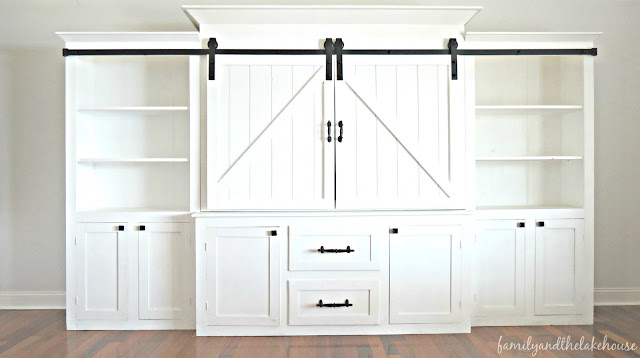 Sliding Barn Door White Entertainment Center Unit - Family and the Lake House - www.familyandthelakehouse.com