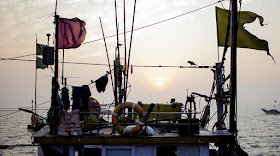 our world tuesday, upper deck, fishing boat, sassoon docks, mumbai, india, birds, flags, clothes, treasures, tube