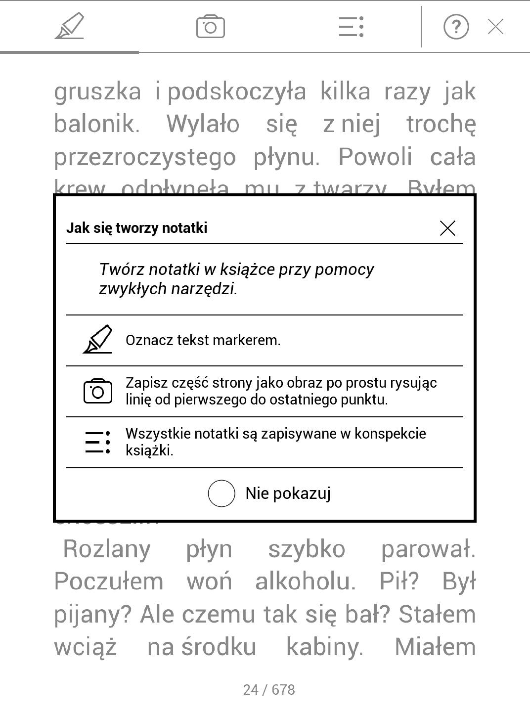 okno z instrukcją przy wywołaniu trybu szybkich zaznaczeń - PocketBook Touch HD 2