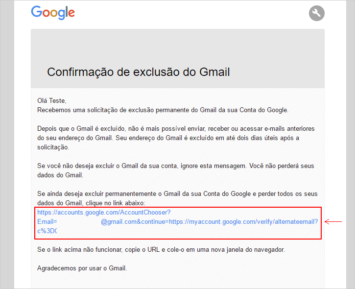 Confirmar exclusão de conta Gmail