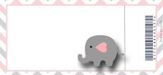 Lluvia de Bendiciones en Rosa y Celeste: Invitaciones y Etiquetas para Candy Bar para Imprimir Gratis. Tarjeta con forma de Ticket de Elefante Bebé en Rosado y Gris.