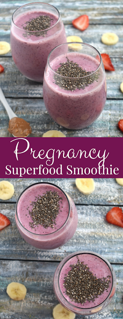  Pregnancy Superfood Smoothie is loaded with nutrients for a healthy mom and baby including berries, banana, Greek yogurt, chia seeds and peanut butter. www.nutritionistreviews.com
