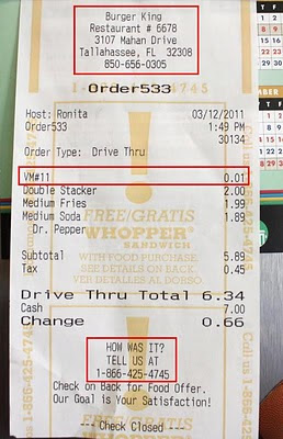 burger king scam receipt meal value number phone