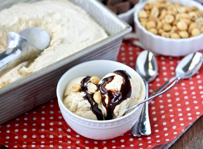 No Churn Peanut Butter Ice Cream topped with chocolate sauce and peanuts