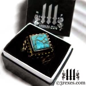 Gothic Dark Brass Raven Love Cocktail Ring with Blue Copper Turquoise Side Detail