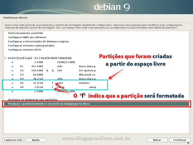 Clique duas vezes em "Finalizar o particionamento e escrever as mudanças no disco" Clique duas vezes em "Finalizar o particionamento e escrever as mudanças no disco"