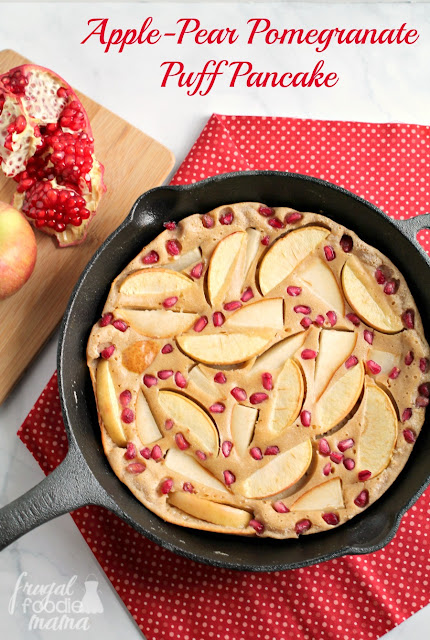 A thick buttermilk pancake is studded with juicy pears, sweet apples, and jewels of pomegranate seeds & baked to a golden brown in your cast iron skillet in this Apple-Pear Pomegranate Puff Pancake.