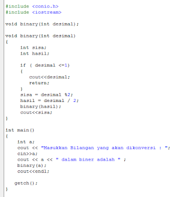 Kode program konversi bilangan desimal ke bilangan biner