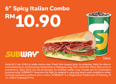 Subway Coupon: 6" Spicy Italian Combo RM10.90 Subway Coupon: 6" Spicy Italian Combo RM10.90